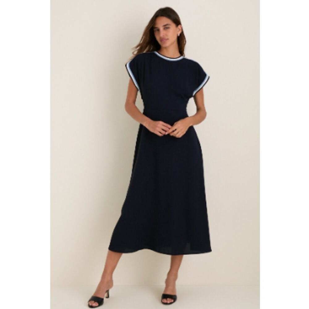 Tuckernuck Sandrine Crepe Maxi Dress Small Navy Contrast Trim NWT Classic Chic